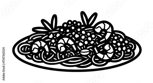 Black and white illustration of a plate of spaghetti with garnish.