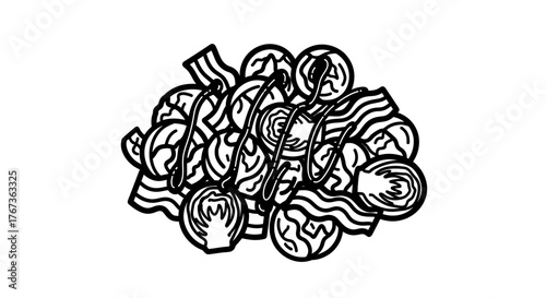 Black and white illustration of a delicious food composition.