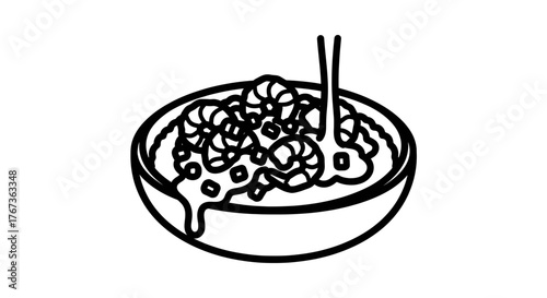 Bowl of food with sauce being poured on top delicious meal.