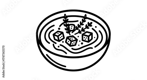 Bowl of soup with diced ingredients and garnish simple illustration.