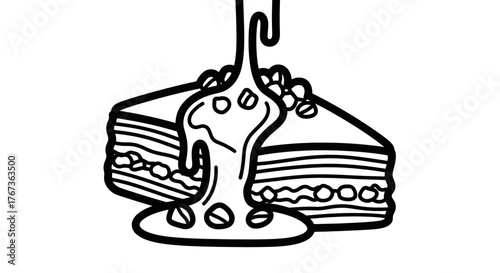 Delicious cake slices with flowing sauce and toppings dessert illustration.