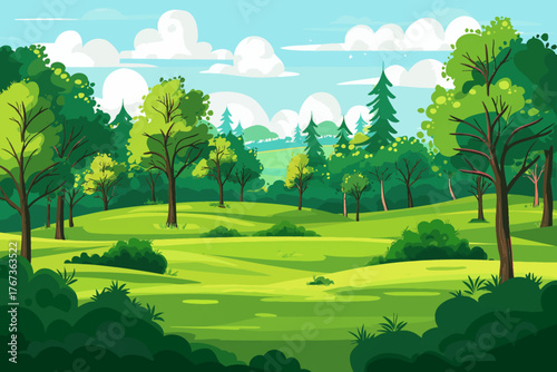 green hill landscape background with grass and trees for nature and outdoor concept