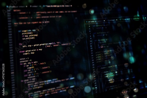 Software Development and Programming: Close-up of Python Code on a Dark Computer Screen with Abstract Digital Background