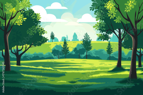 green hill landscape background with grass and trees for nature and outdoor concept