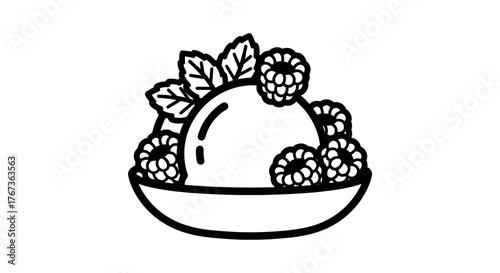 Delicious dessert with fresh raspberries and mint leaves in a bowl.