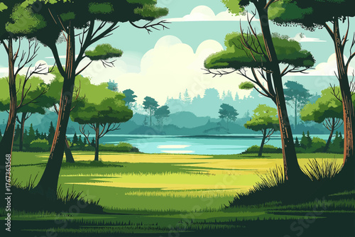 green hill landscape background with grass and trees for nature and outdoor concept