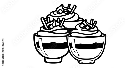 Delicious dessert cups with whipped cream and chocolate sticks.