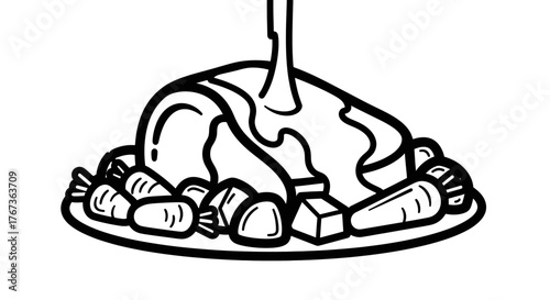 Delicious meal with gravy and vegetables on a plate.