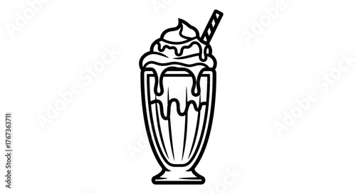 Delicious milkshake with whipped cream and a straw in a tall glass.