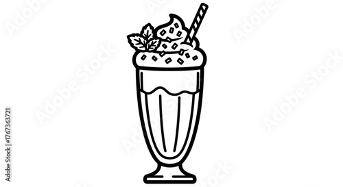 Delicious milkshake with whipped cream mint leaves and a straw.