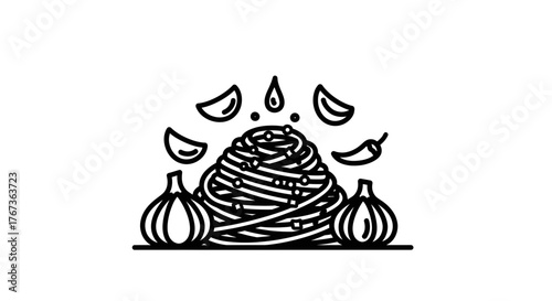 Delicious pasta dish with garlic cloves chili pepper and garlic slices.