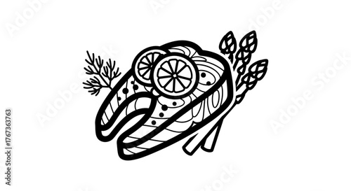 Delicious salmon steak with lemon and asparagus healthy food concept.