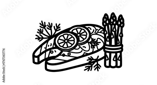 Delicious salmon steak with lemon slices and fresh asparagus.