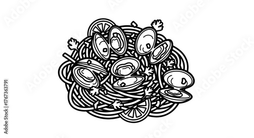 Delicious seafood pasta dish with clams and lemon slices.