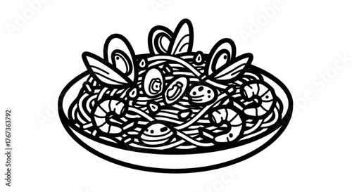 Delicious seafood pasta dish with shrimp and clams in a bowl.