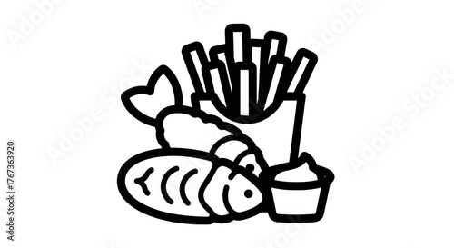 Fish and chips with tartar sauce fast food meal delicious snack.