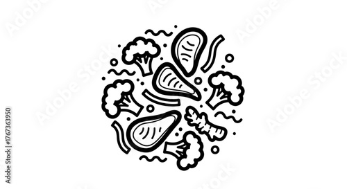 Healthy food illustration with broccoli ginger and other vegetables.