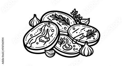 Grilled steak with herbs and garlic delicious food illustration.