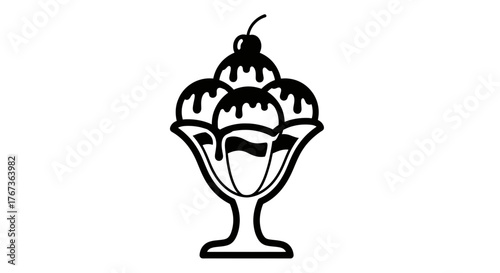 Ice cream sundae with cherry on top black and white illustration.