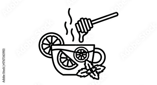 Hot tea with lemon and honey healthy drink vector illustration isolated on white background.