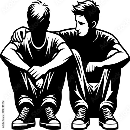 Supporting Shoulder: A close-up illustration of two figures, one offering a comforting hand of support to another in a moment of distress, emphasizing empathy, care.