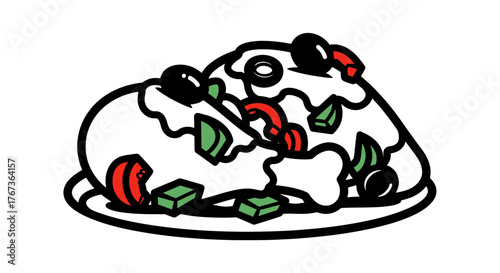Stylized food illustration on a plate with black outlines and colorful accents.