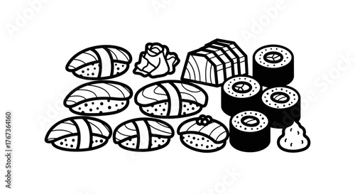 Sushi assortment illustration Japanese cuisine various sushi types artistic food presentation monochrome design.