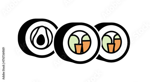 Sushi rolls with avocado and vegetables delicious Japanese food.