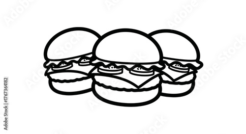 Three delicious cartoon burgers stacked high with toppings and buns.