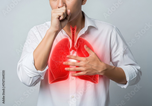 Man suffering from lung distress, experiencing a symptom of respiratory disease or asthma, highlighting human anatomy and health issues.