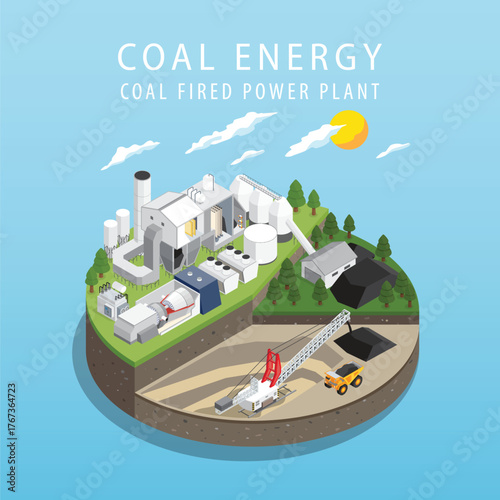 the coal energy, coal fired power plant with isometric graphic