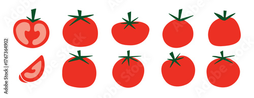 Flat tomato icons set, red tomato illustrations with green stems, fresh food elements