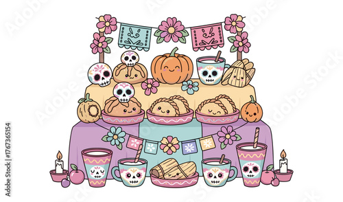 Day of the Dead Altar Illustration Colorful Celebration with Traditional Food and Decorations