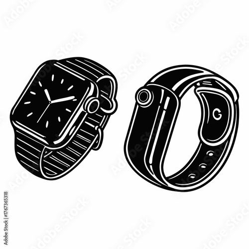 Black and white illustration of two modern smartwatches