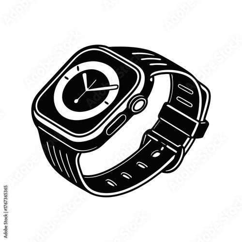 Hand drawn illustration of a modern smartwatch with a black strap