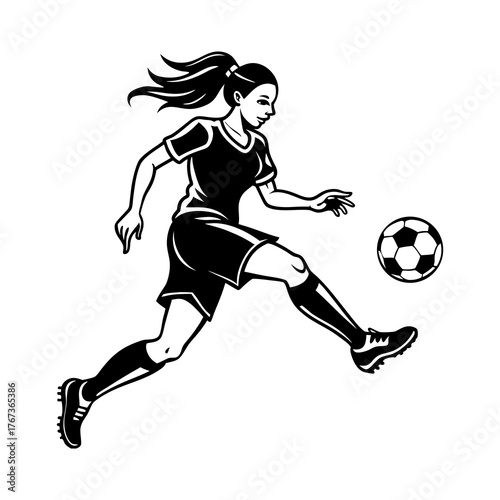Dynamic illustration of a female soccer player kicking a ball