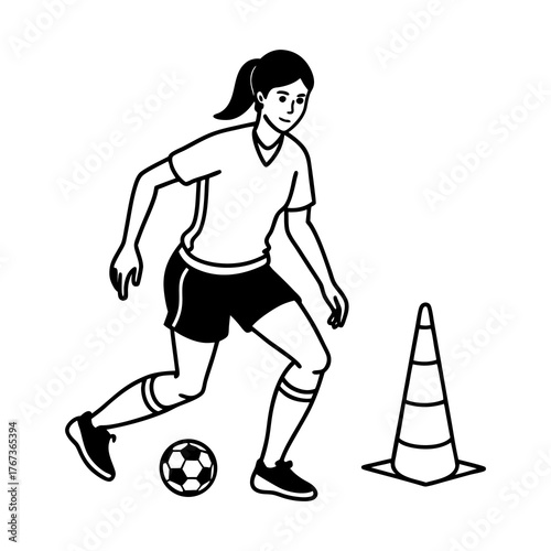 Young woman soccer player practicing dribbling around cones