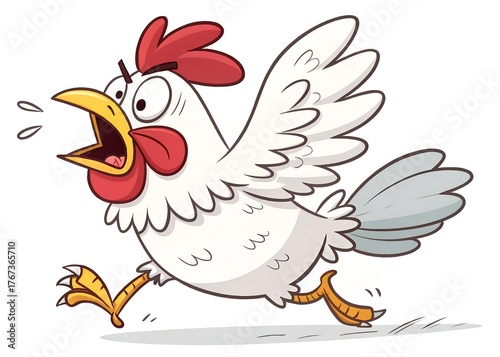 Cartoon chicken running frantically with a panicked expression on a white background