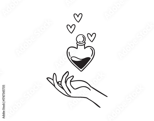 Hand holding love potion bottle with floating hearts, mystical romance, hand drawn, line art outline, hand drawn