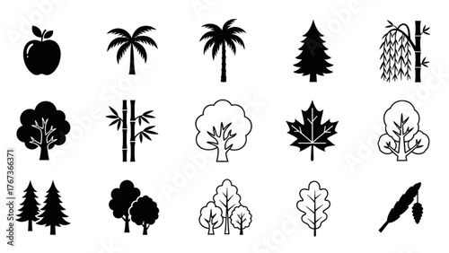 Diverse Collection of Tree and Plant Icons for Nature and Design