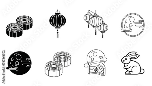 Mid-Autumn Festival icons mooncakes, lanterns, moon, and rabbit