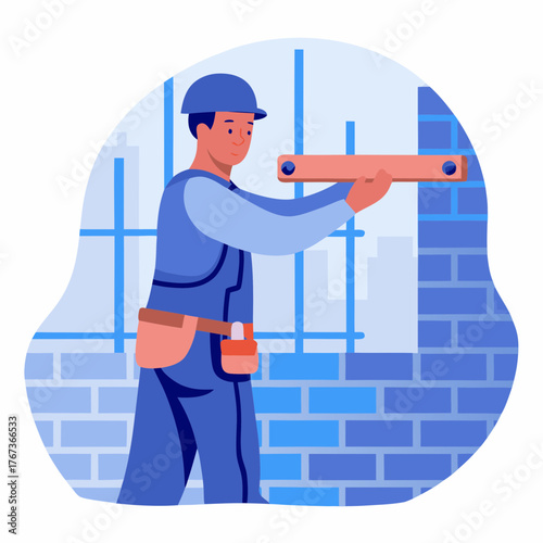 Male bricklayer using spirit level to check wall alignment  