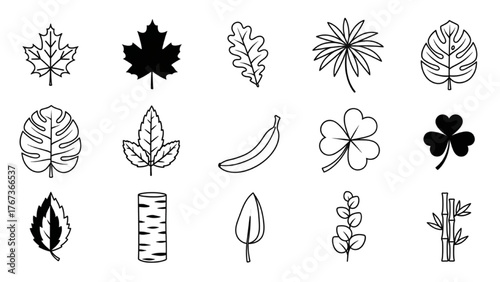 Minimalist line art icon set of various leaves and plants, representing natural flora and foliage concepts