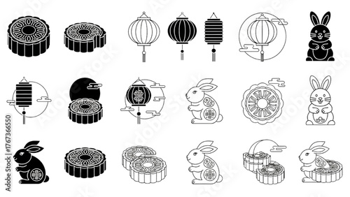 Vector Collection of Traditional Asian Festival Icons Featuring Mooncakes, Lanterns, and Lunar Rabbits