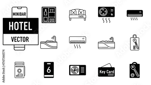 Set of hotel and hospitality service outline icons for travel, accommodation, and booking concepts