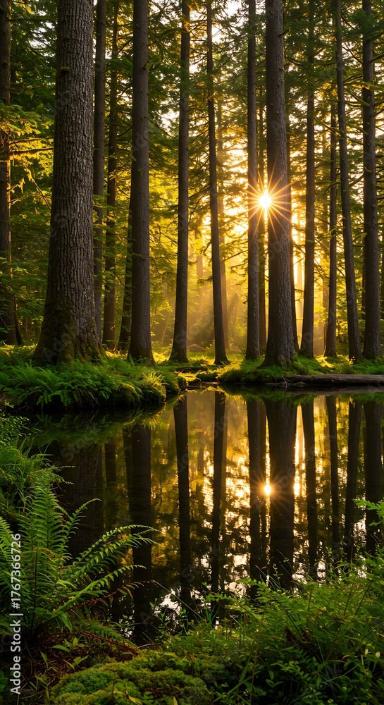 Fototapeta premium Serene Forest Reflection - Sunlight Piercing Through Trees and Water.