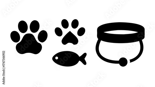 Illustration of a cat collar, fish, and paw prints perfect for petrelated designs, veterinary clinics, or animal welfare campaigns simple, clean, and versatile