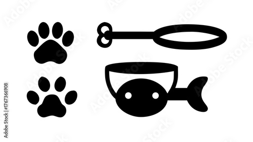 Vector art of black and white illustration of paw prints, a cat teaser, and a fish toy, representing pet care, playfulness, and feline companionship in a simple design