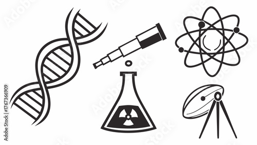 Illustration of scientific research equipment, including a dna strand, telescope, flask, atom, and satellite dish, showcasing scientific exploration