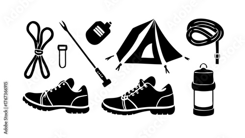 Vector art of camping equipment illustration this set includes a tent, shoes, rope, water bottle, and lantern perfect for outdoor adventure and travel designs